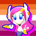 An icon of Susie from Kirby with the lesbian flag in the background.